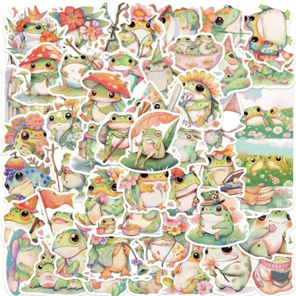50 multicolor frog mushroom vinyl stickers laptop mug luggage scrapbook decor - Picture 3 of 6